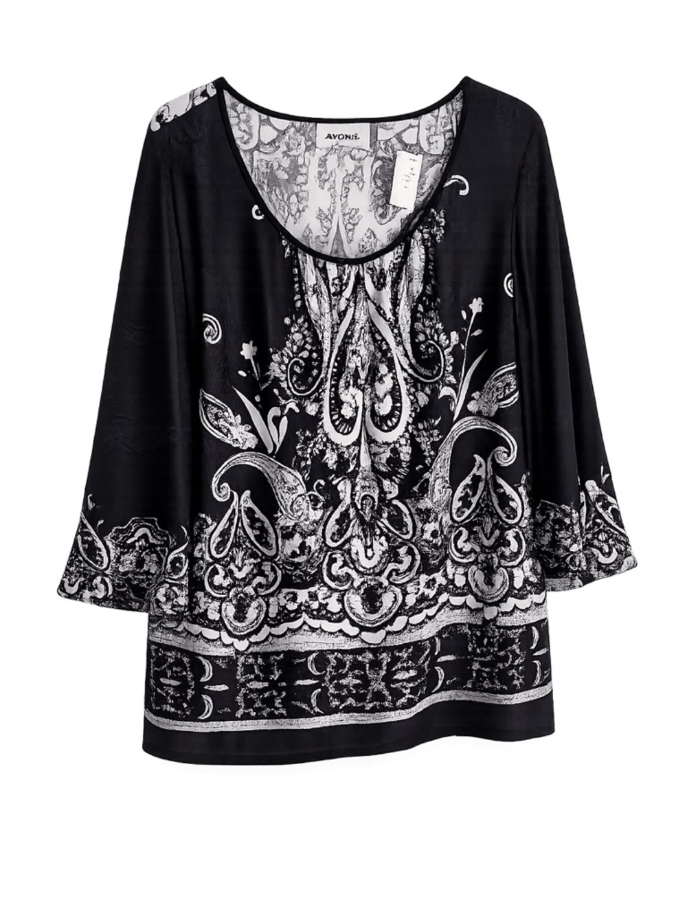 Avenue Black White Paisley Tunic Top 14/16 Boho Flowy 3/4 Sleeve Plus Size